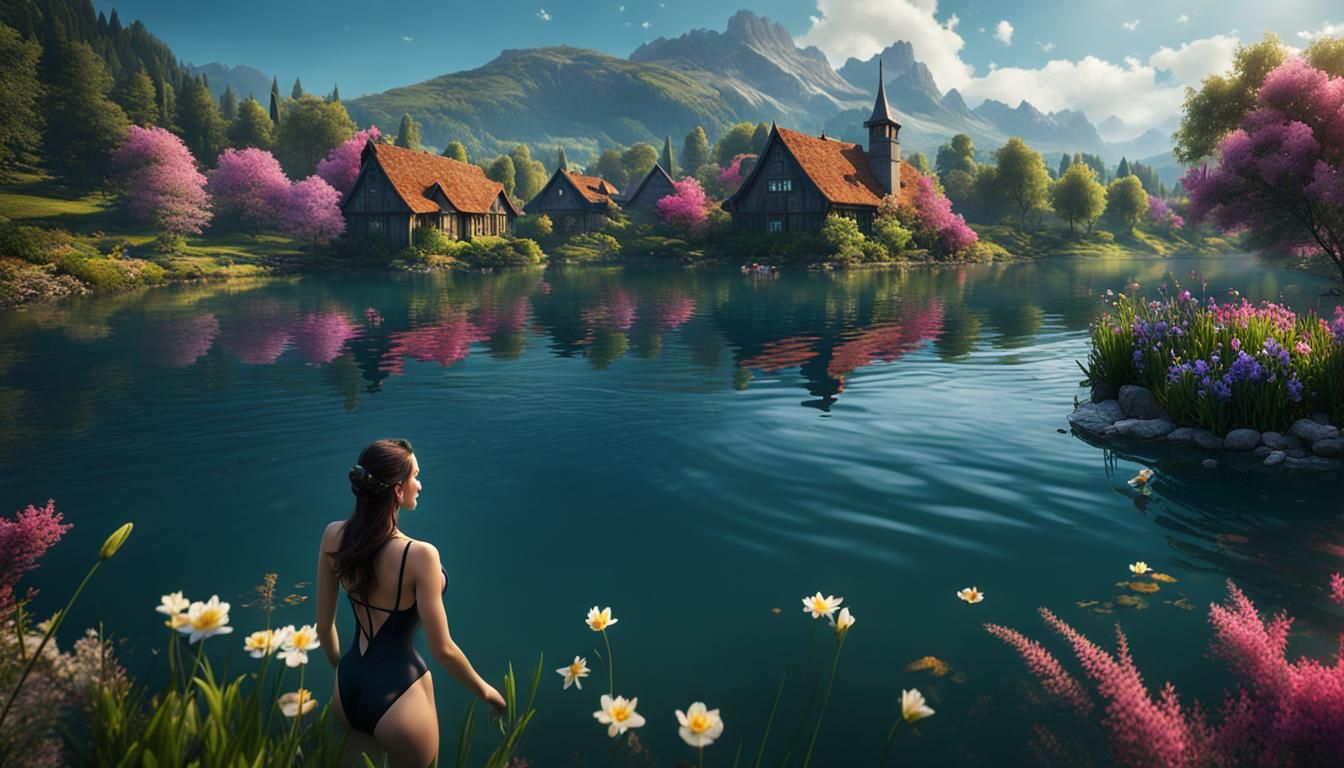 Girl Swimming in Lake with Flowers, Fantasy Concept Art