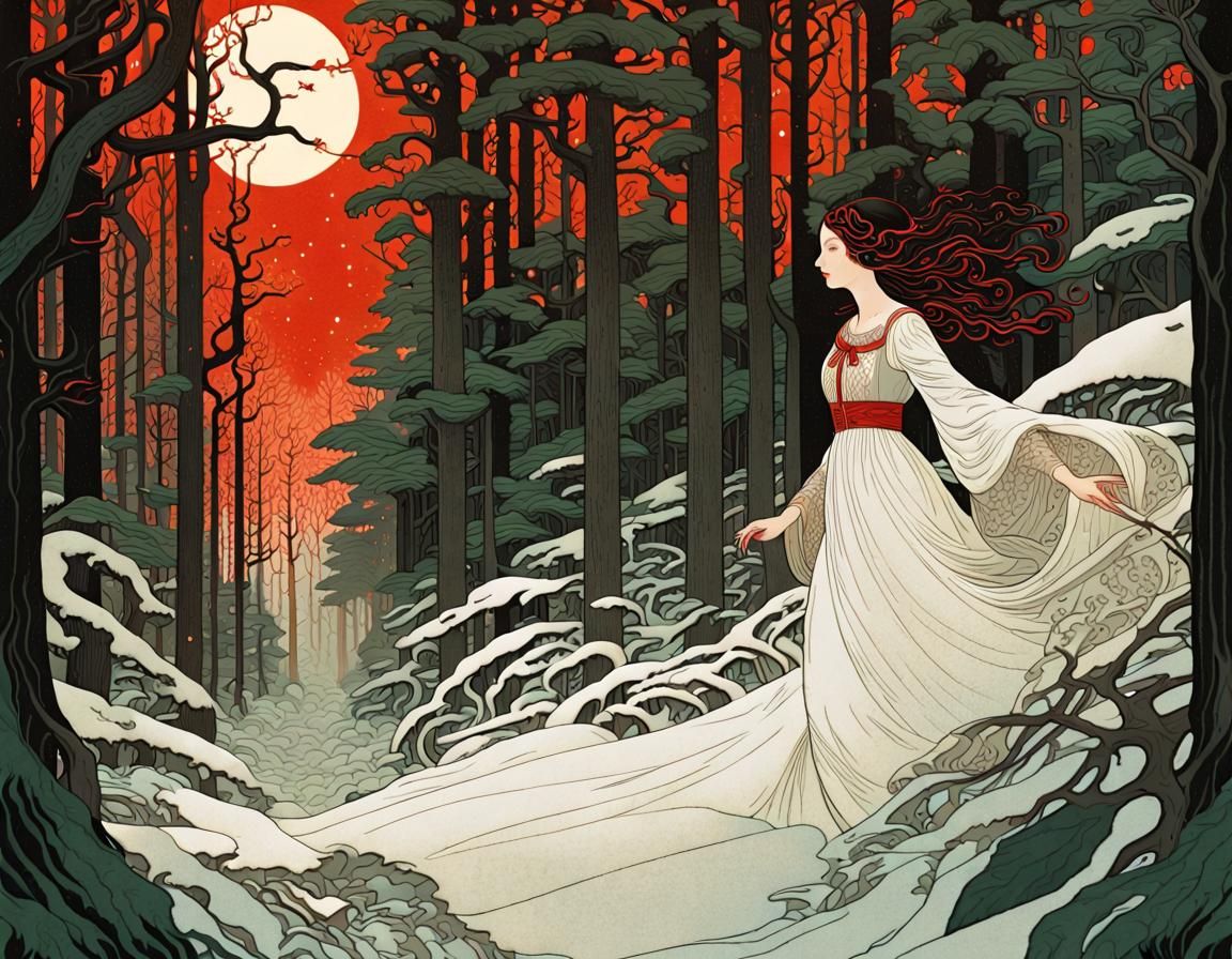 Snow White in Dark Forest, Art Nouveau Illustration