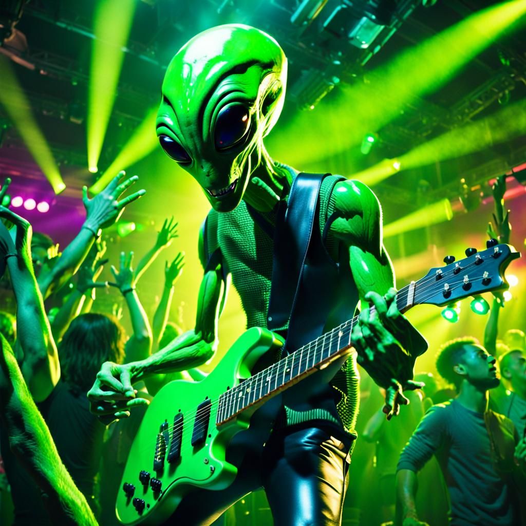 Green Alien Rocks Nightclub with Electric Guitar