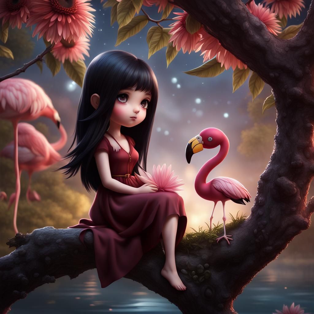 Chibi Girl with Flamingo: Fantasy Concept Art