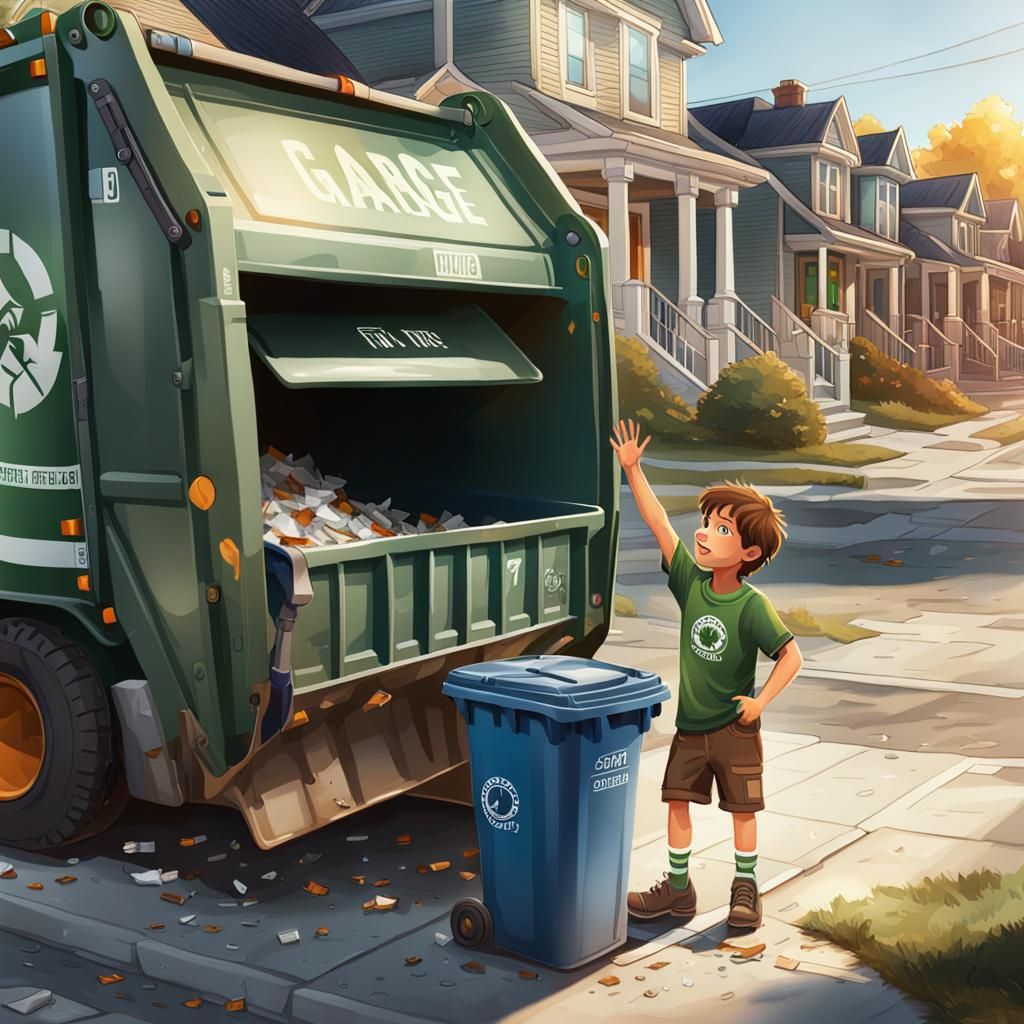 Boy Waving at Garbage Truck on Collection Day