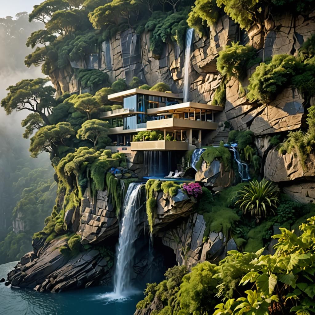 Impossible Cliffside House Over Serene Blue Watering Hole