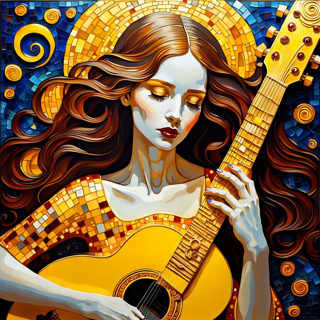 "A woman plays a big yellow guitar under the moon, Gustav Kl...