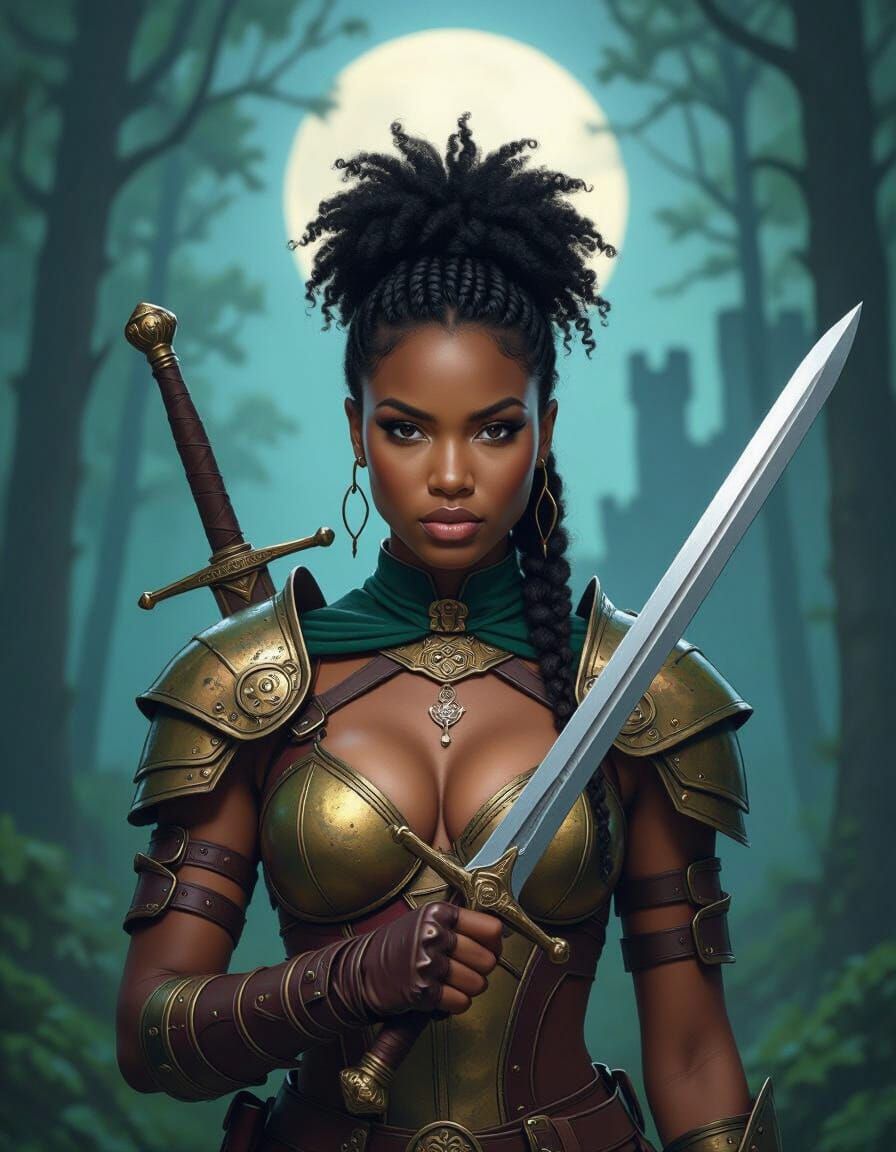 Black Woman Warrior with Sword in Forest