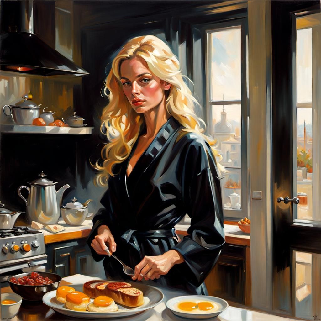 Blonde Woman Making Breakfast: Oil Painting