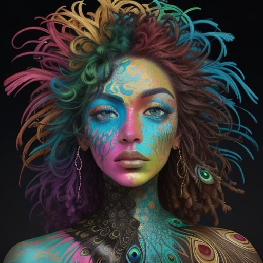 Abstract Portrait: Woman with Rainbow Skin and Peacock Feath...