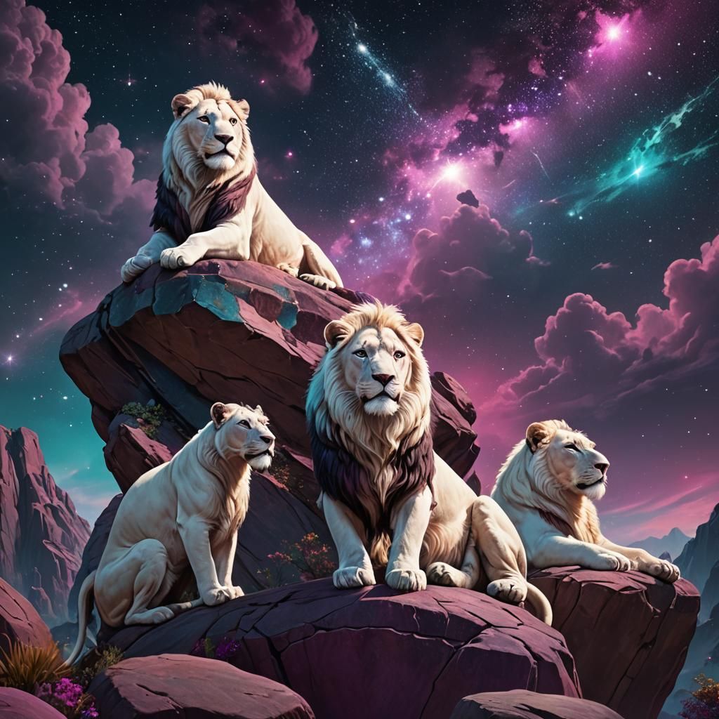 White Lions Gazing at Stars: Wildlife Concept Art