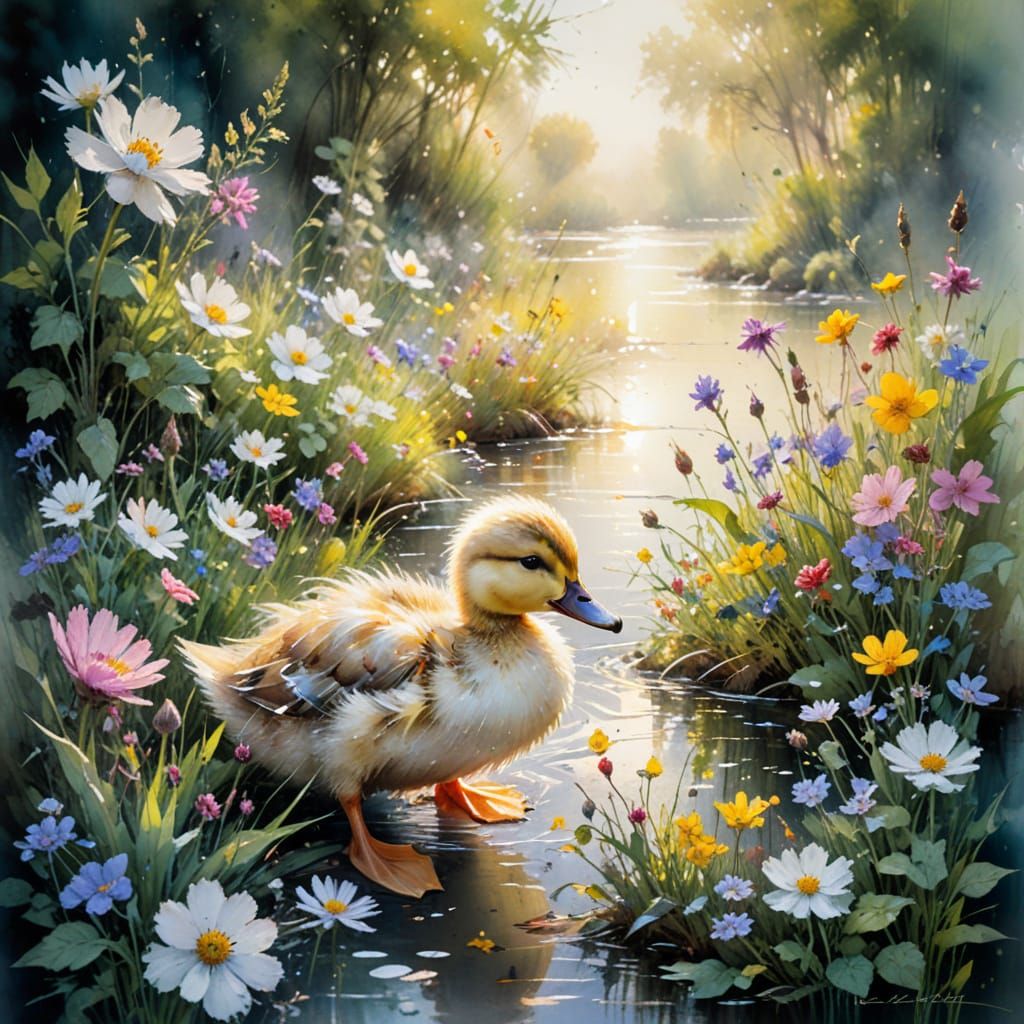 Whimsical Duckling in a Sunlit Floral Oasis