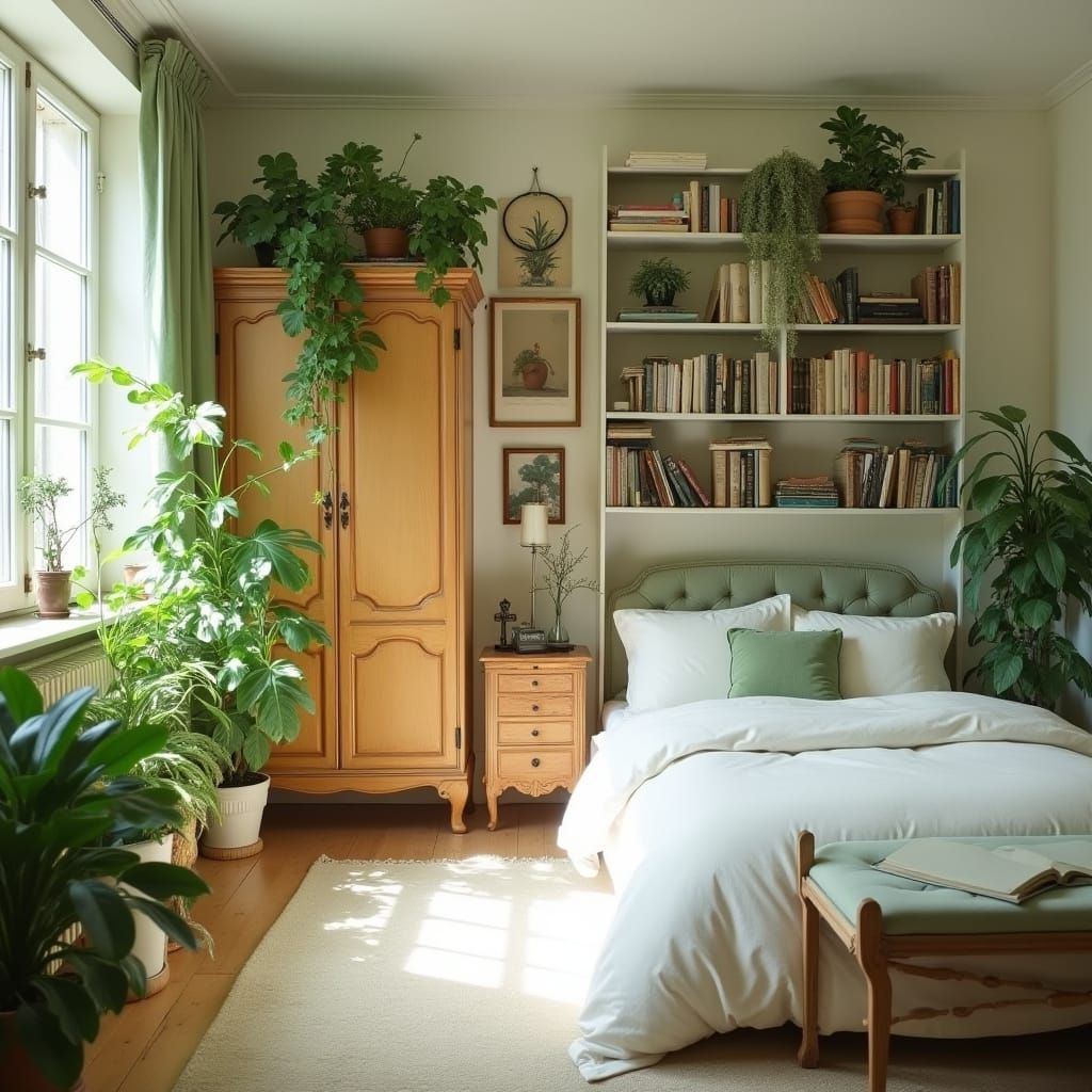 Peaceful Minimalist Study with Lush Greenery and Classic Woo...