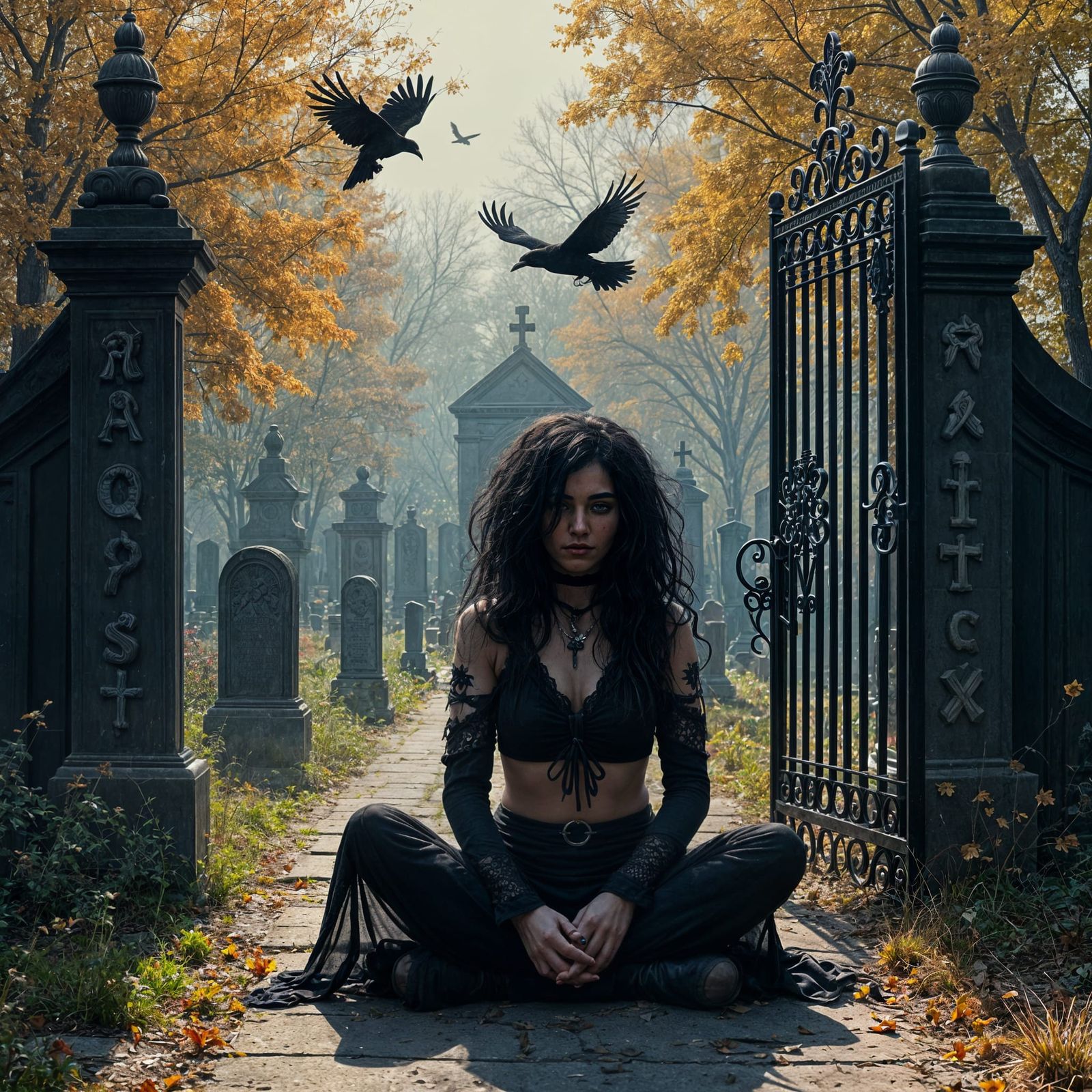 Gothic Bohemian Woman in a Haunting Cemetery Scene