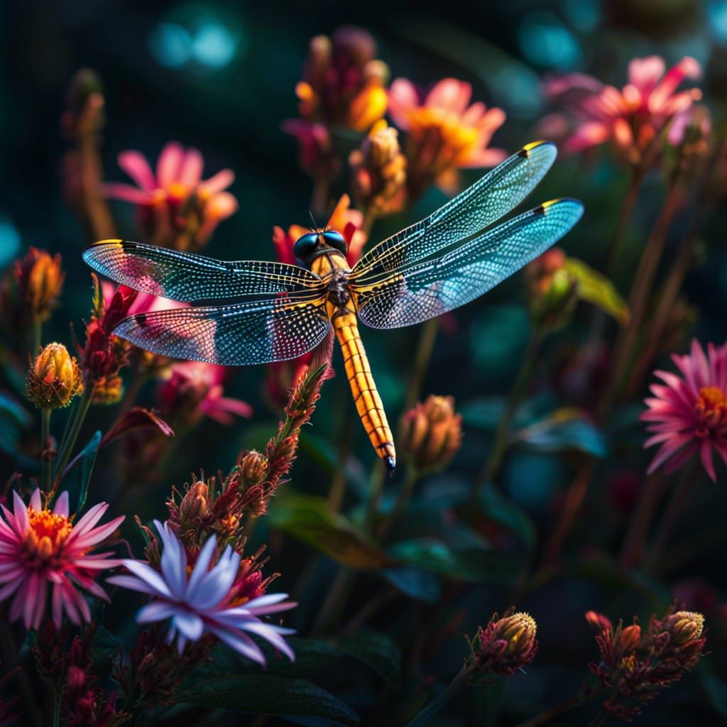 Dragonfly with Glittering Wings Among Flowers