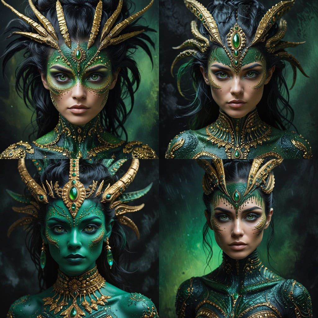 Dark-Skinned Alien Princess in Oil Painting Style with Thick...
