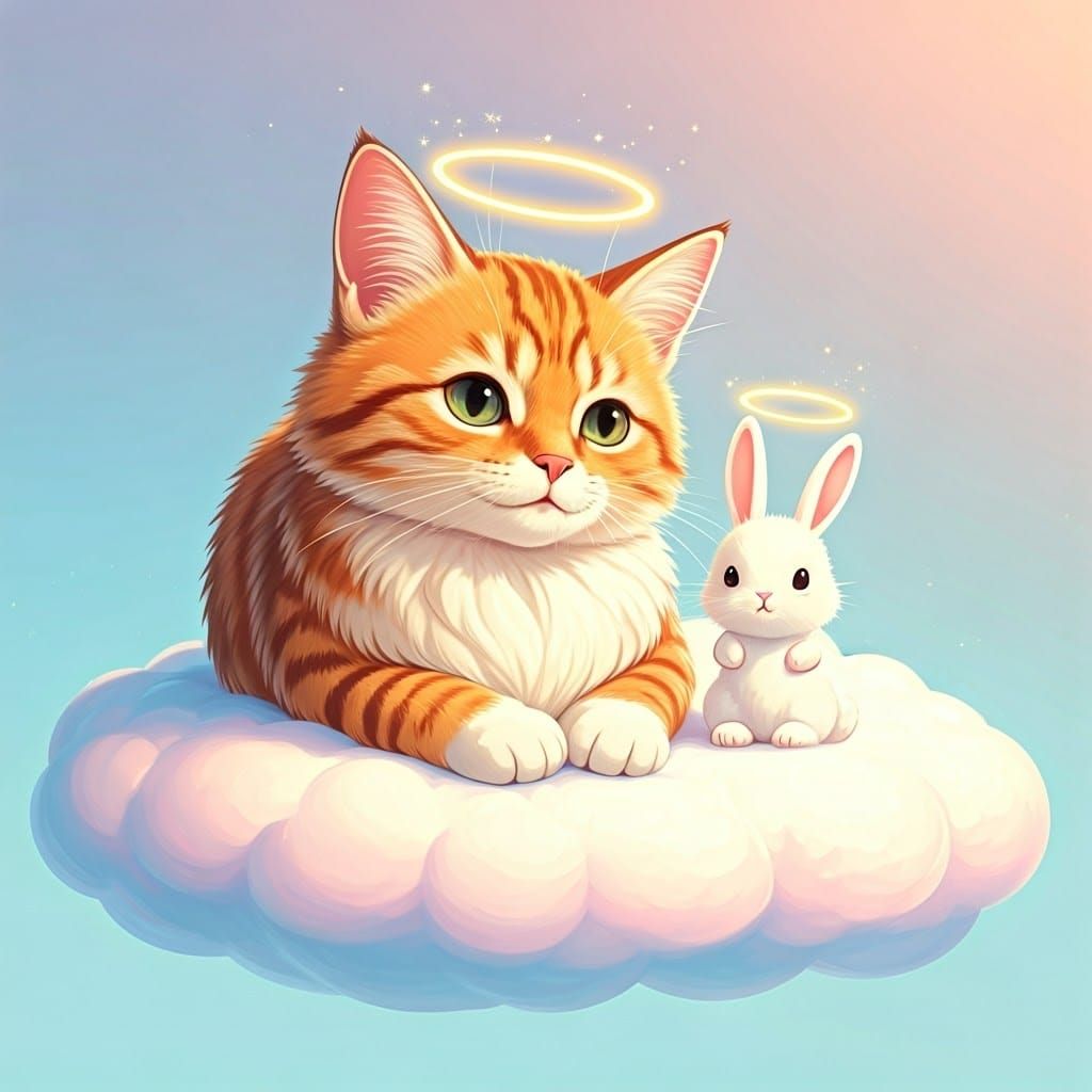 Cartoon Cat and Rabbit with Halos on Cloud