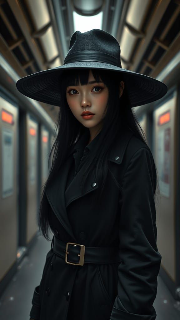 Ethereal Dark Japanese Woman in a Subway Corridor