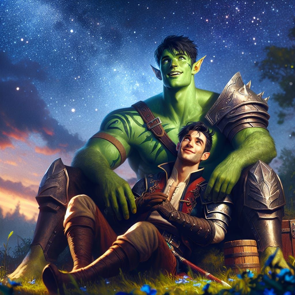 Fantasy Half-Orc and Human Stargazing Portrait