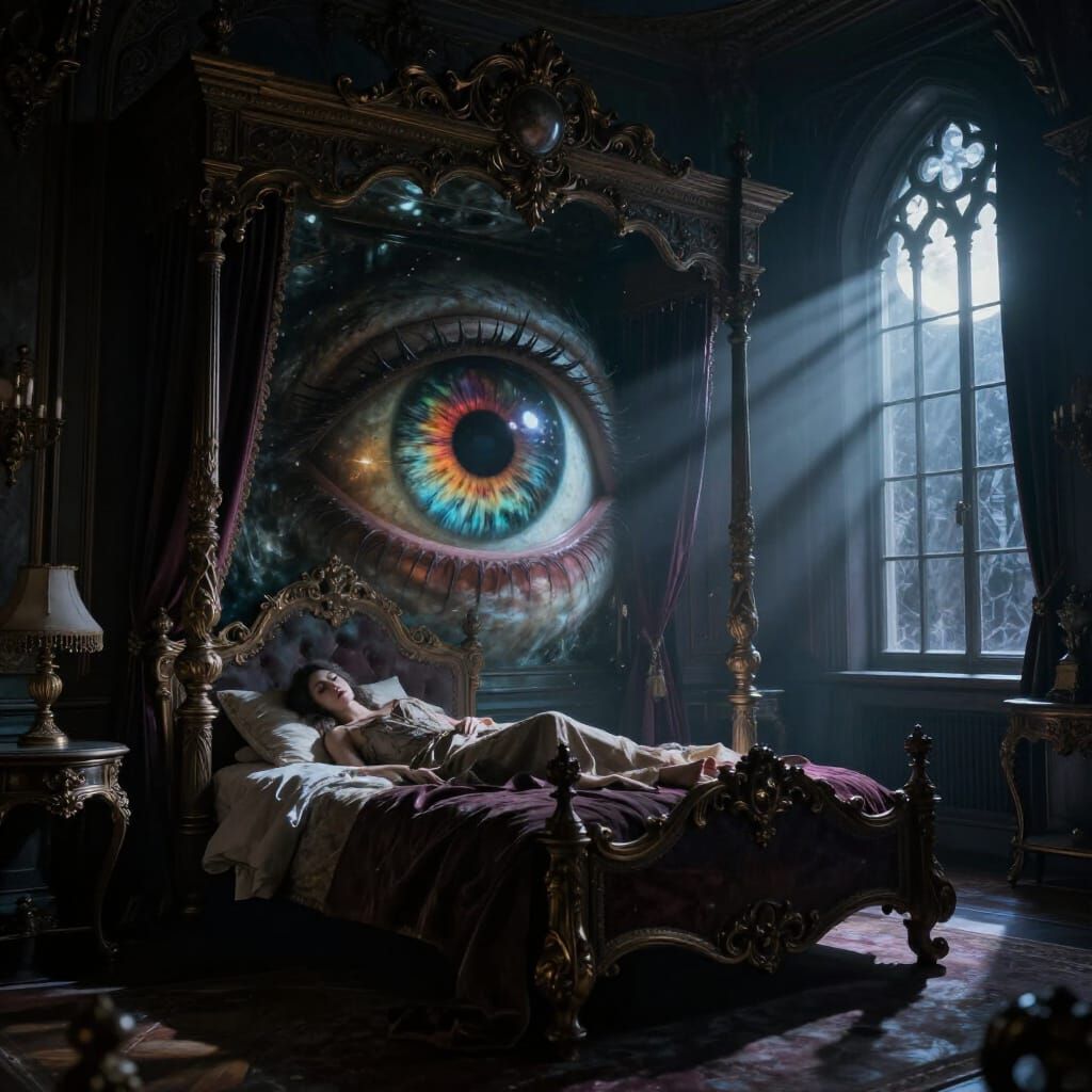 Cosmic Eye Watches Sleeping Woman in Dark Fantasy Bedroom