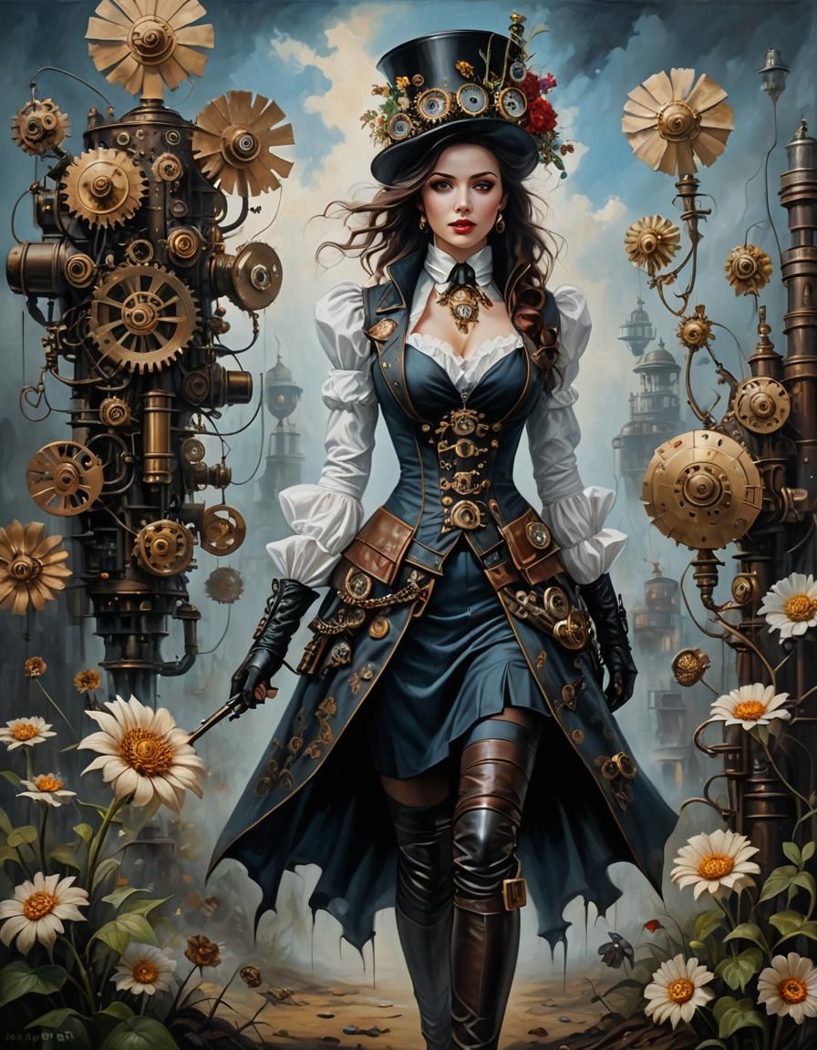 Hyperrealistic Woman Running in the Rain: Bloody Steampunk