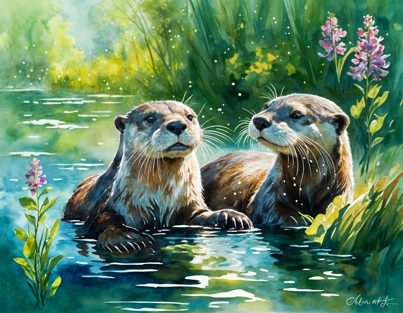 Playful Otters in River, Expressive Watercolor Painting