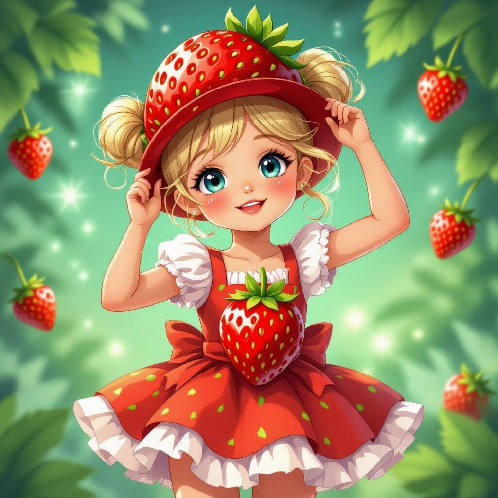 Whimsical Girl in Strawberry Dress and Hat