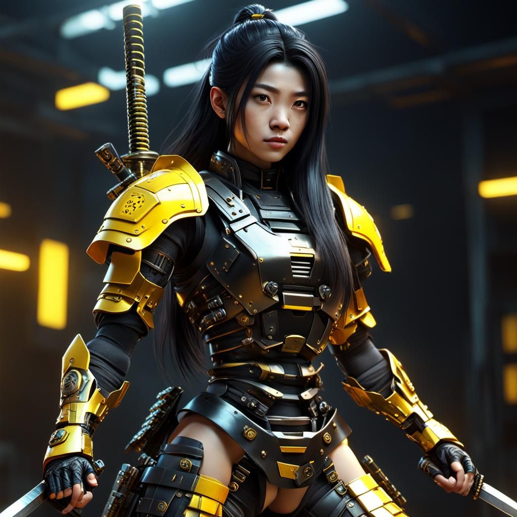 Realistic 3D Female Cyborg Samurai Ninja in Yellow