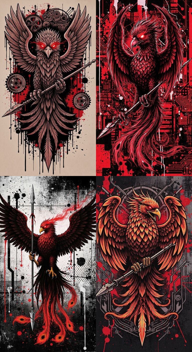 Phoenix Tattoo with Broken Spear in Cyberpunk Trash Polka St...