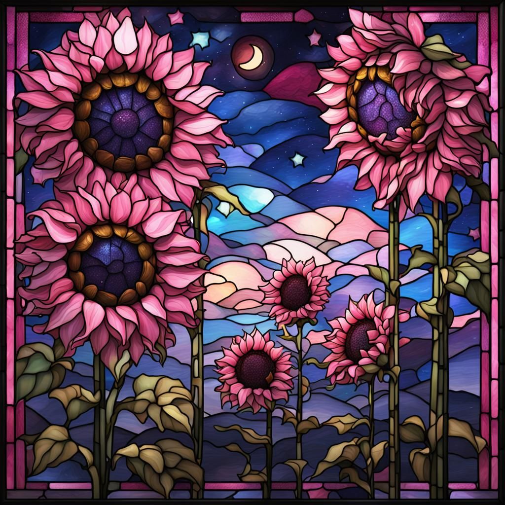 Pink Sunflowers in Stained Glass Style
