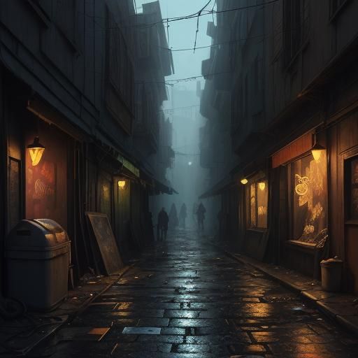 Impoverished Person in Dim Alleyway: Digital Matte Painting