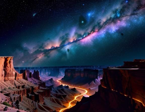 Cosmic Desert Canyon at Night: Watercolor Galaxy