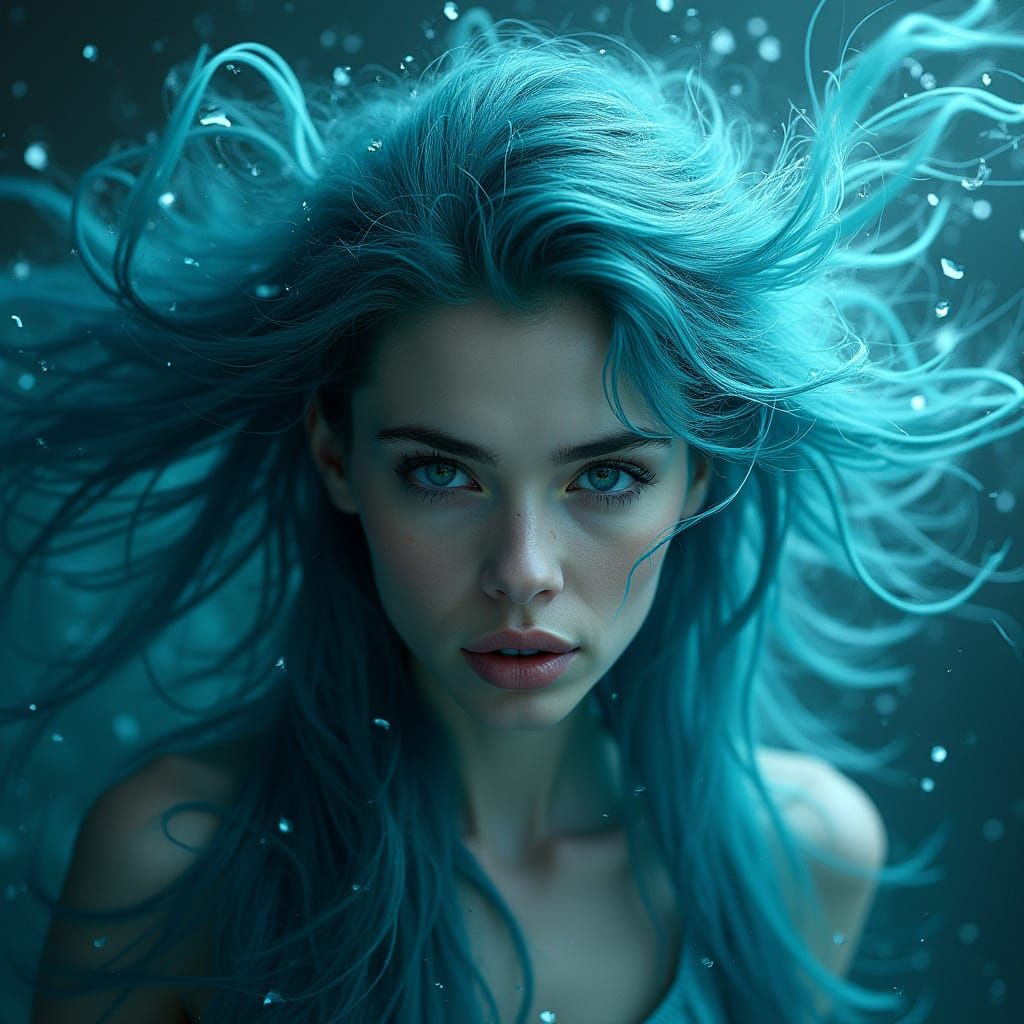 Woman Dissolving into Teal Crystals with Glitch Effects