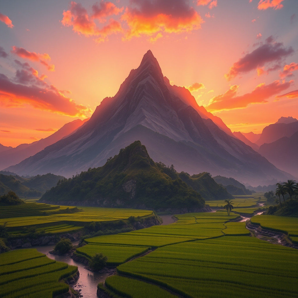 Sunset Over Lush Mountain Valley, Matte Painting