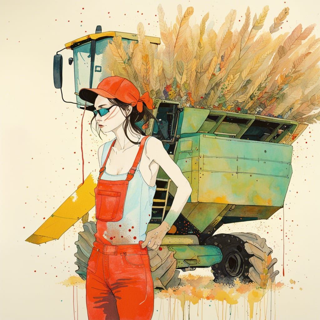 Combine Harvester in Watercolor Style