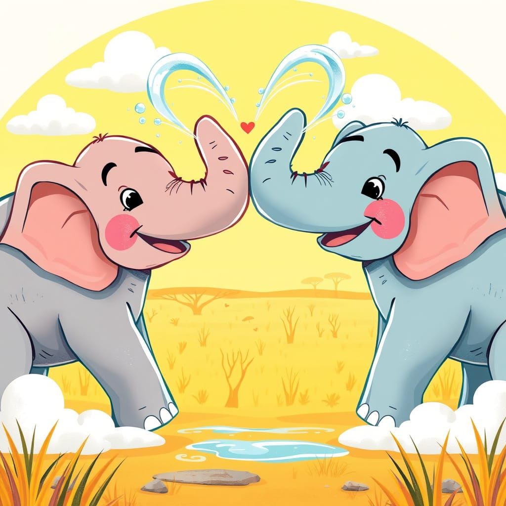 Joyful Cartoon Elephants Create Heart-Shaped Water Spray