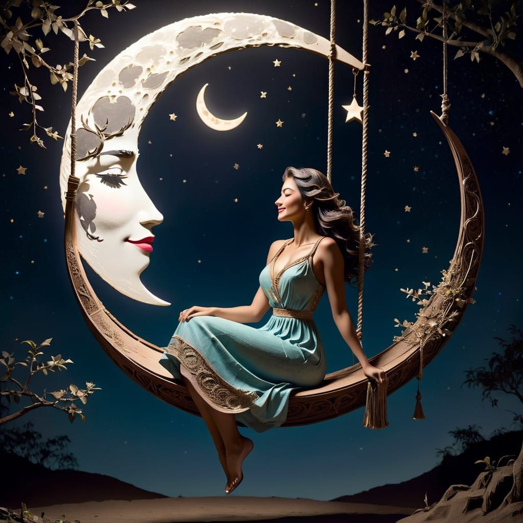 Woman on Moon Swing in Starry Night Sky