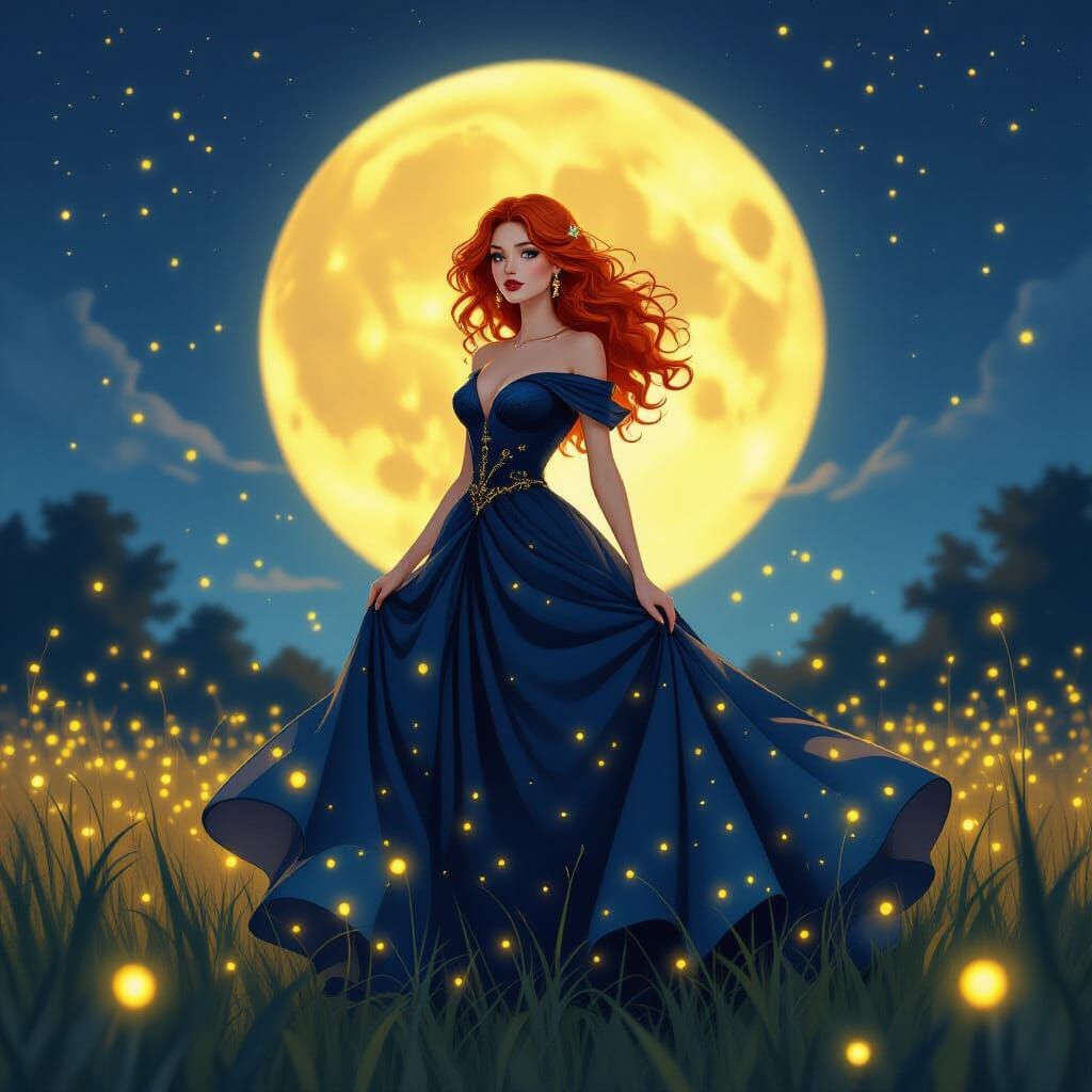 Woman in Firefly Field Under Moon: Stylized Illustration