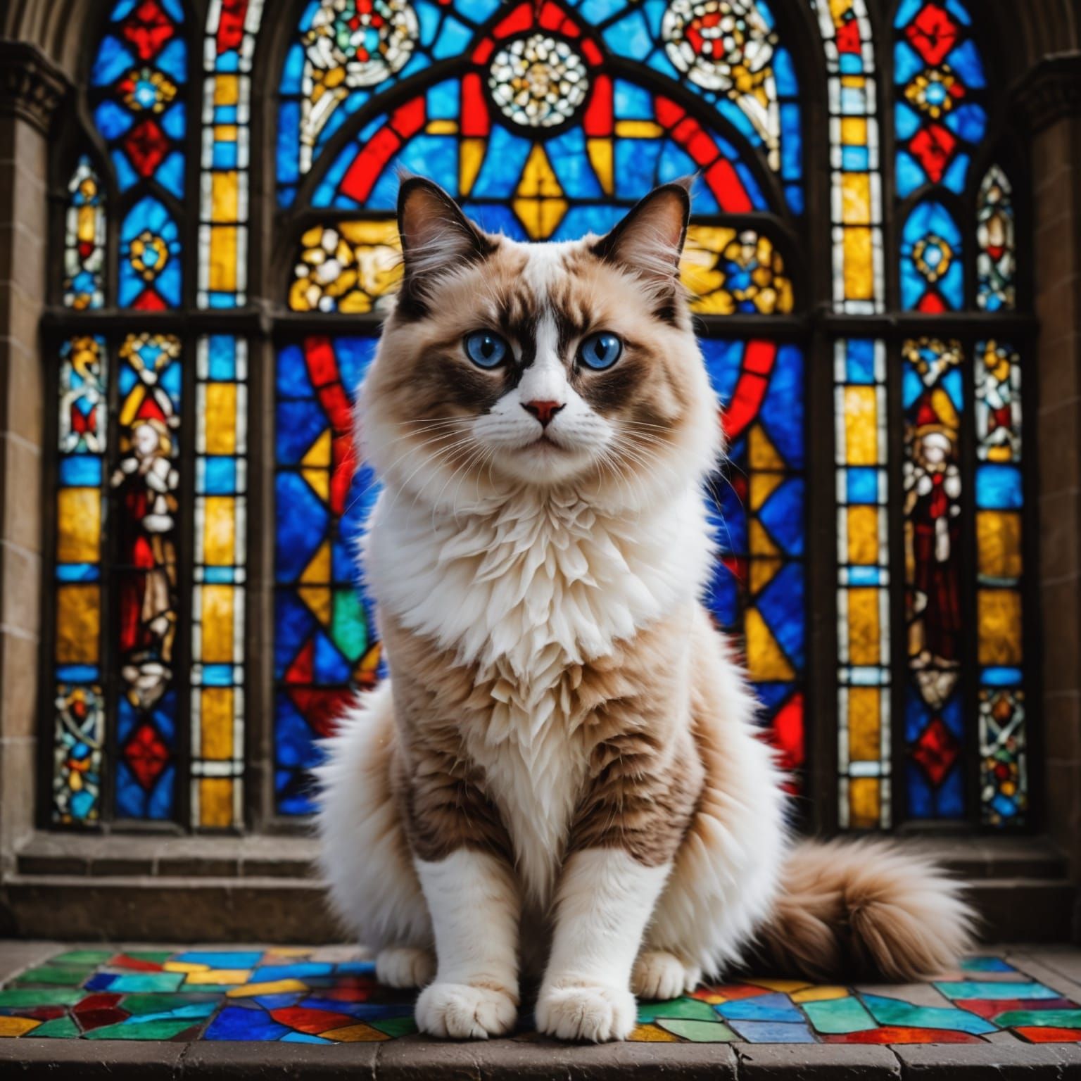 Ragdoll Cat Surrounded by Vibrant Stained Glass in a Cathedr...