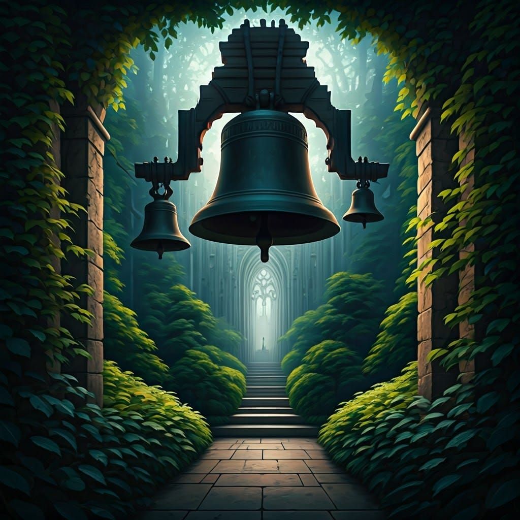 Glowing Church Bells in Surreal Gothic Landscape