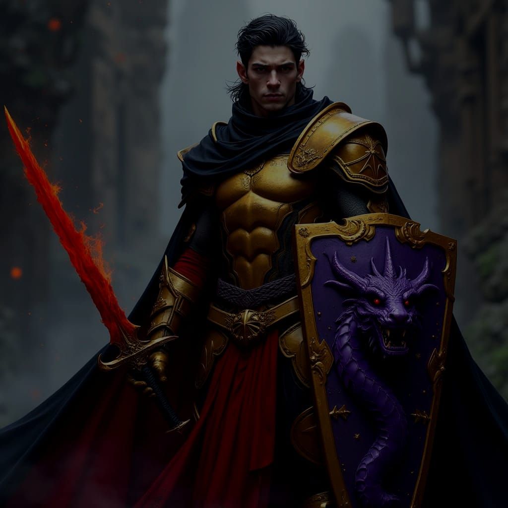 Epic Fantasy Warrior in Golden Armor and Violet Dragon Shiel...