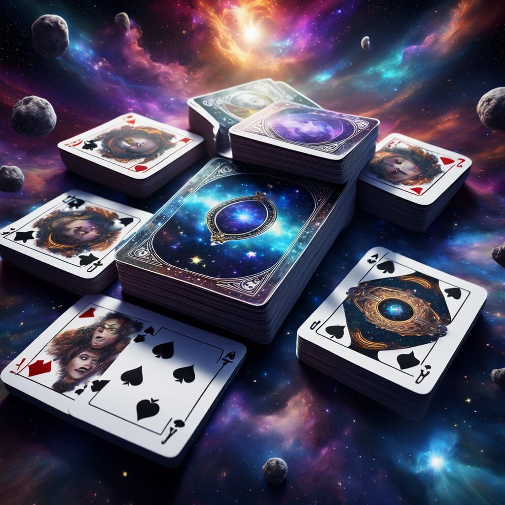 Faces on Cards in Cosmic Nebula - Digital Art