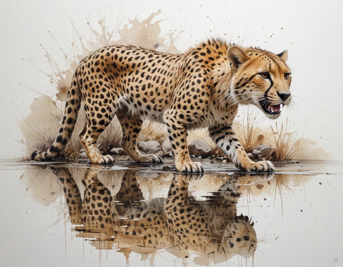 Cheetah Drinks Water, Reflection Mirrored in Pond