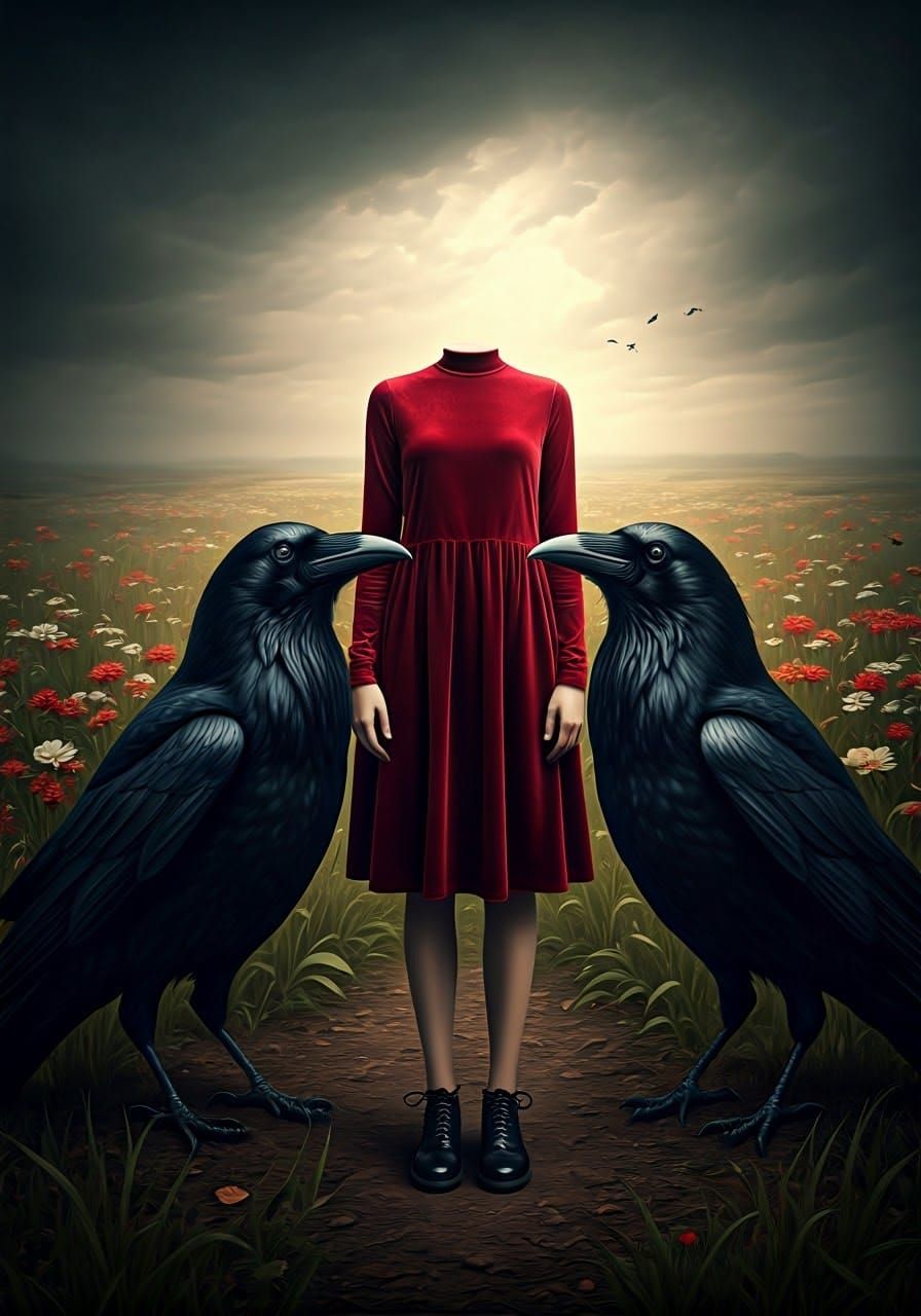 Surreal Headless Girl with Crows in Lush Field