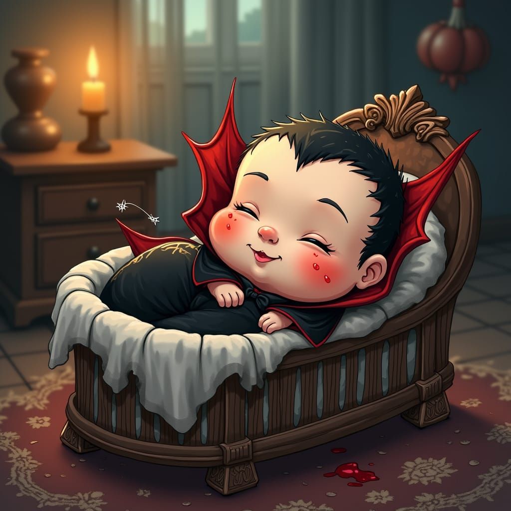 Chibi Baby Dracula in Gothic Crib