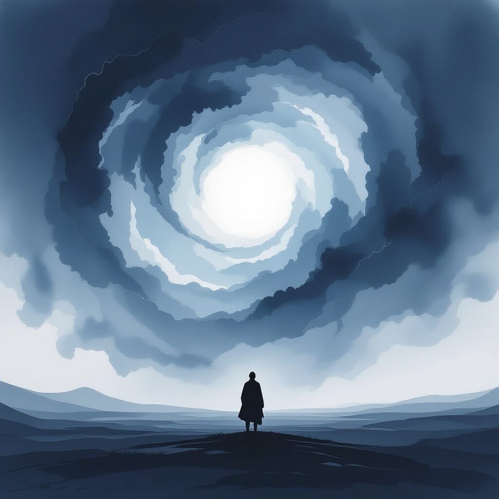 Solitary Figure Gazes at Abstract Nebula in Ink Wash Style