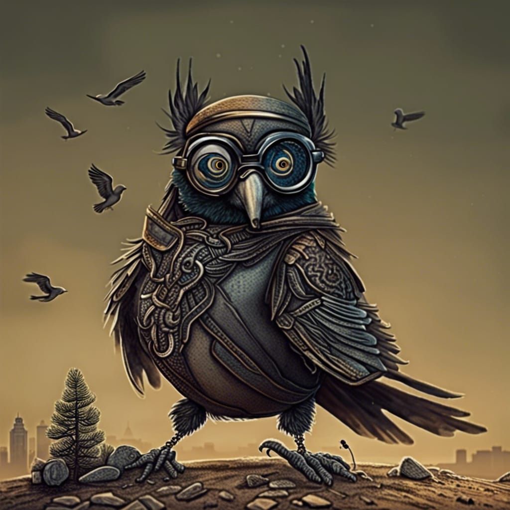 Hipster Crow in San Francisco, Mixed Media Illustration