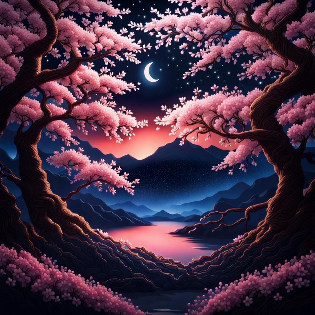 Embroidered Cherry Blossom Landscape Under Night Sky