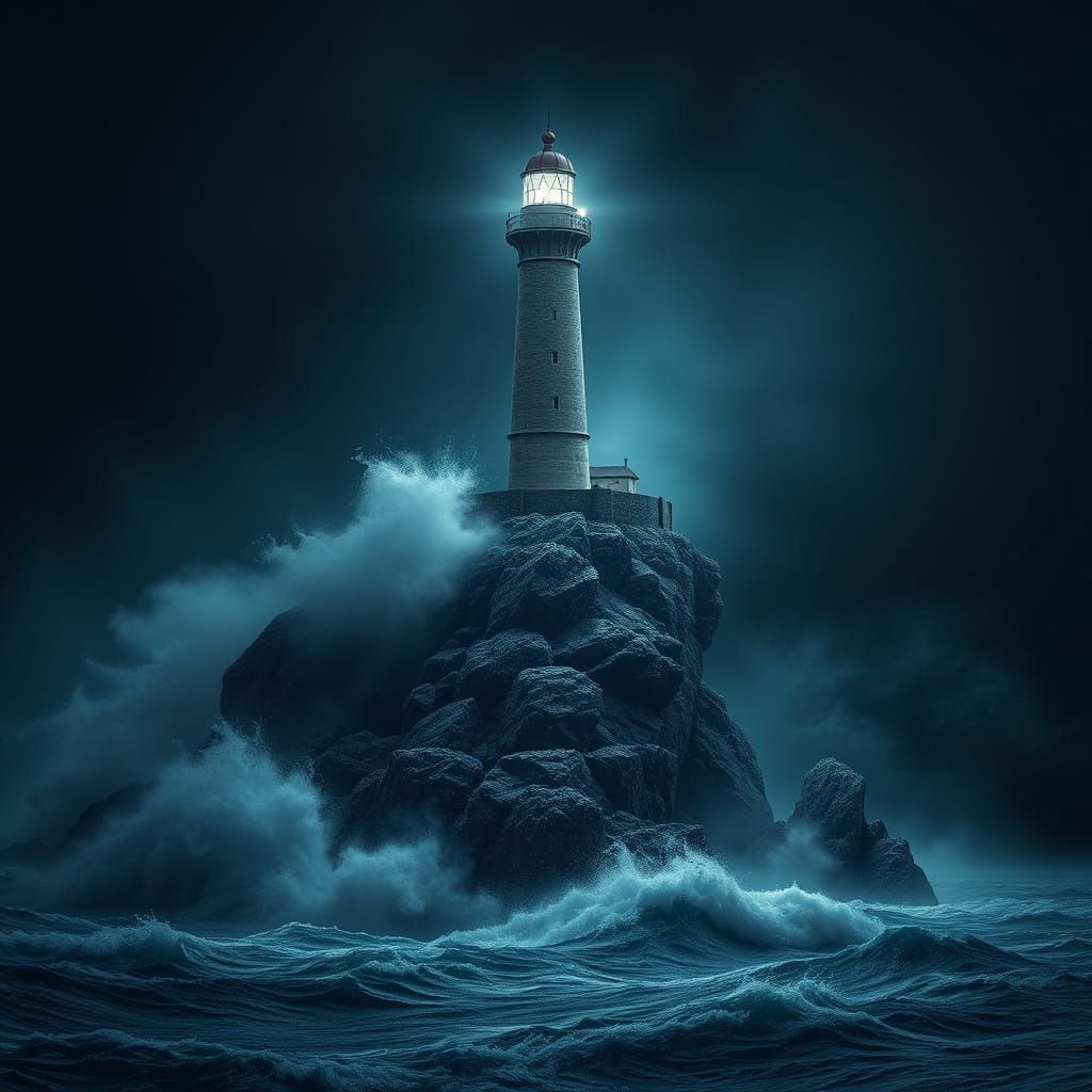 Lighthouse on Rocky Cliff in Stormy Night