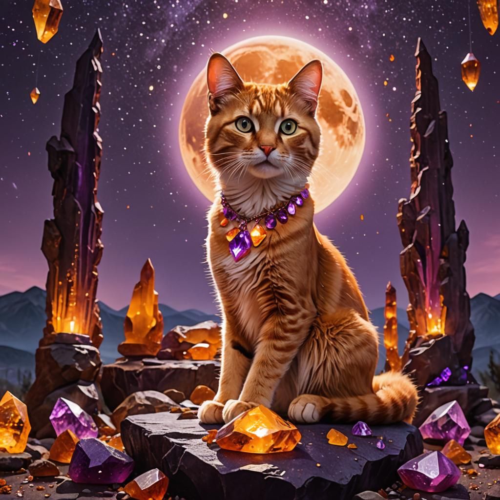 Cat on Crystal Altar Under Fiery Moon