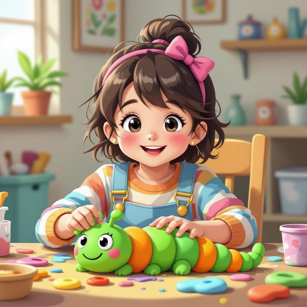 Child Creates Play Doh Caterpillar in Anime Style