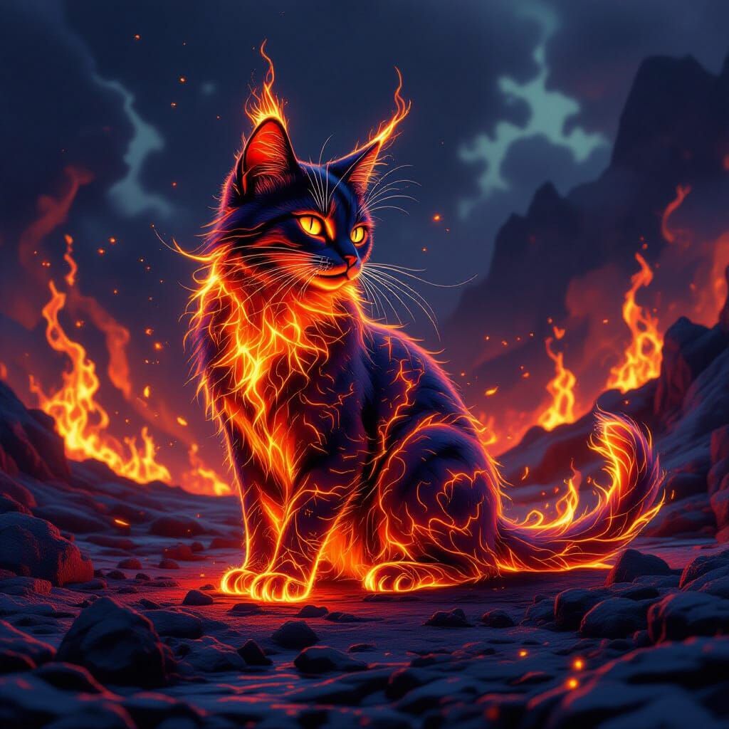 Lava Cat Playing in Volcano: Graphic Novel Style