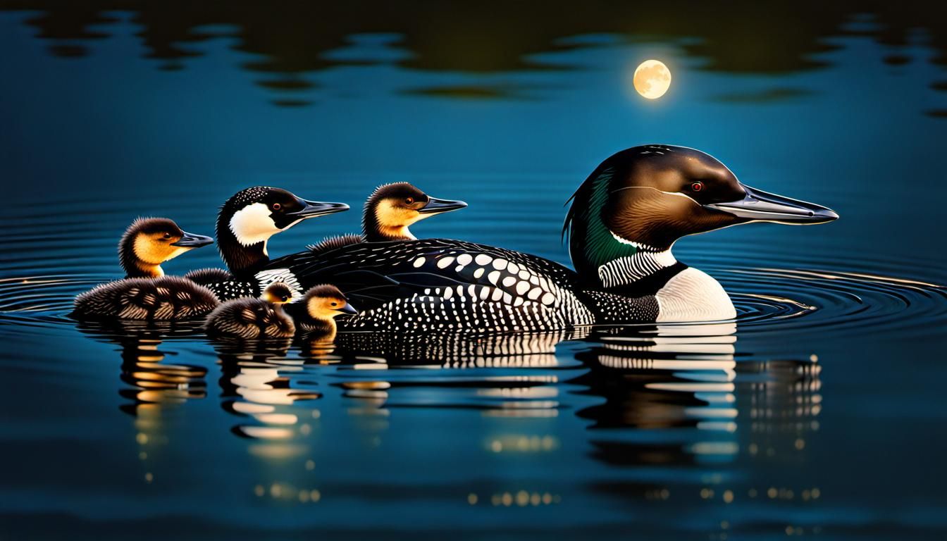 Loon Family Swim Under Meteor Shower: Hyperrealistic Art