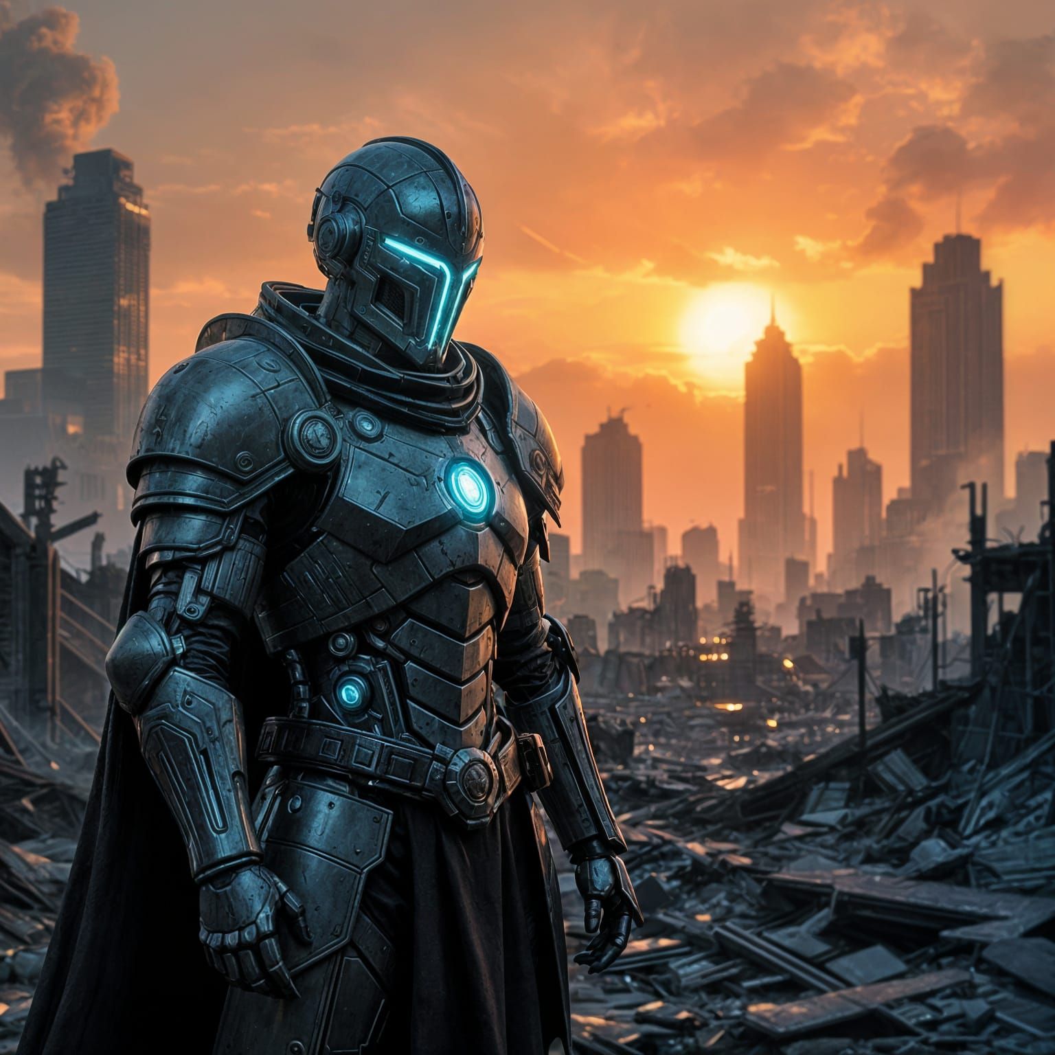 Cyborg Knight Stands Guard in War-Torn Cityscape